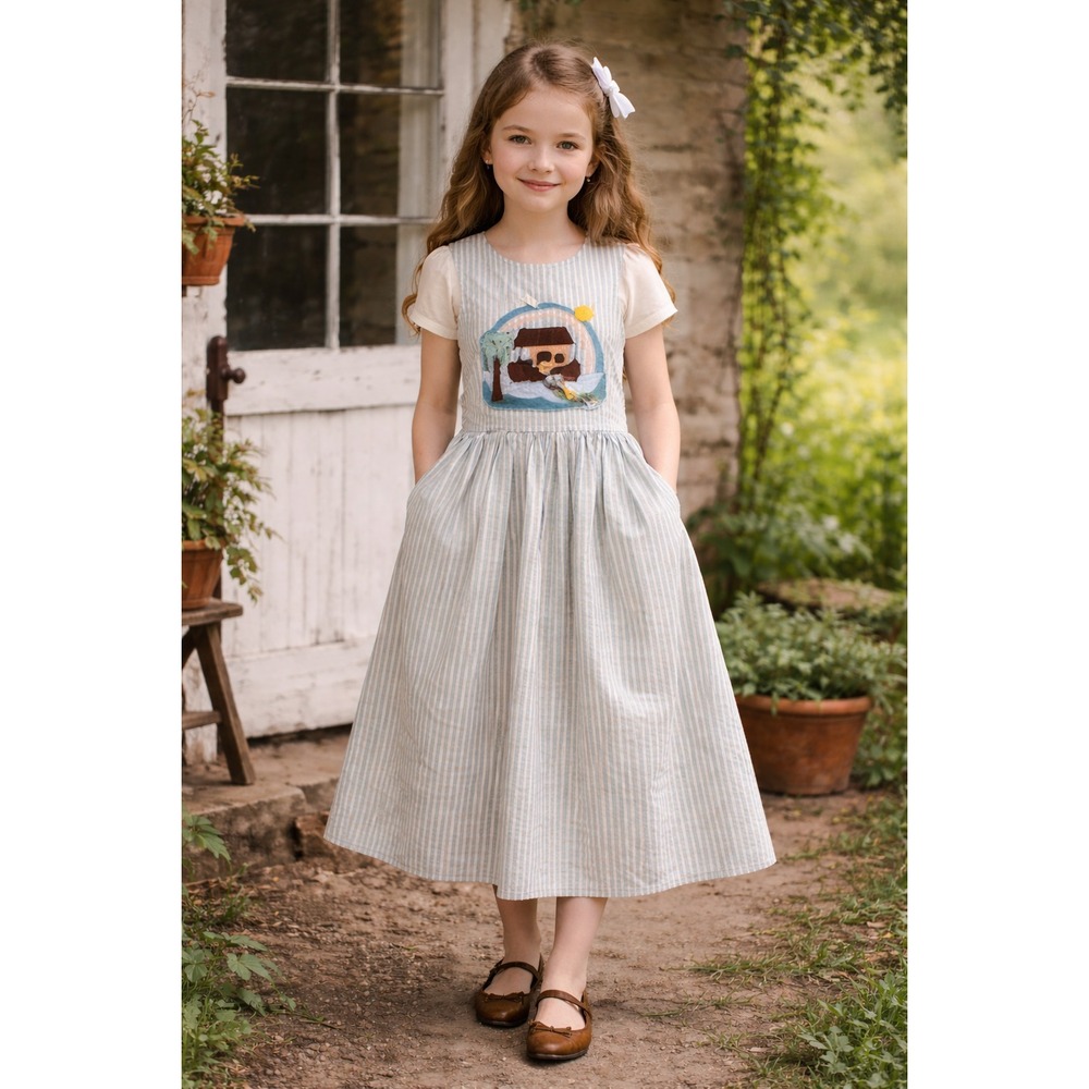 Girls Pinafore Dress Animal Storybook Striped Modest Handmade Applique Noahs Ark